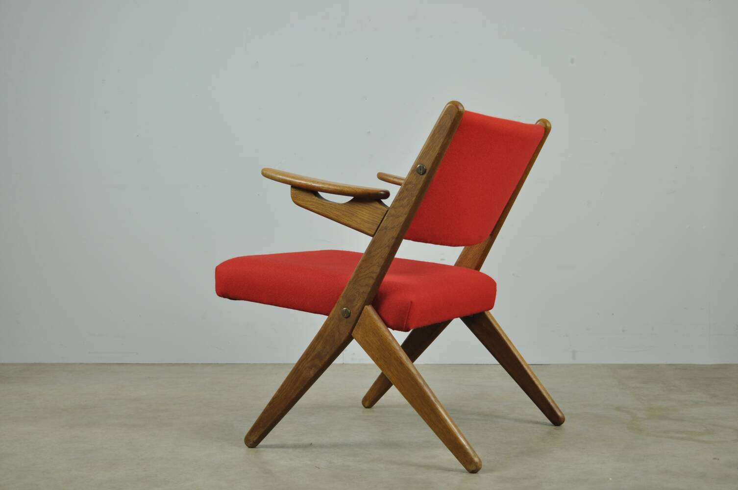 Classic Danish vintage scissor armchair by Arne Hovmand Olsen in OAK, 1960s