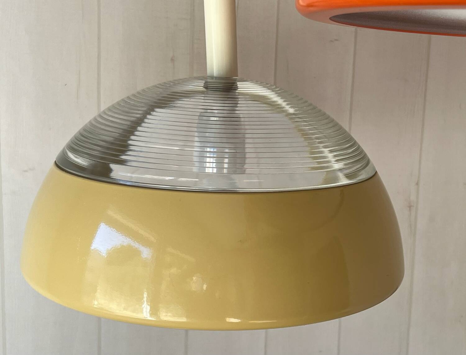 Pair of glass and holophane metal pendant lights, 1970s