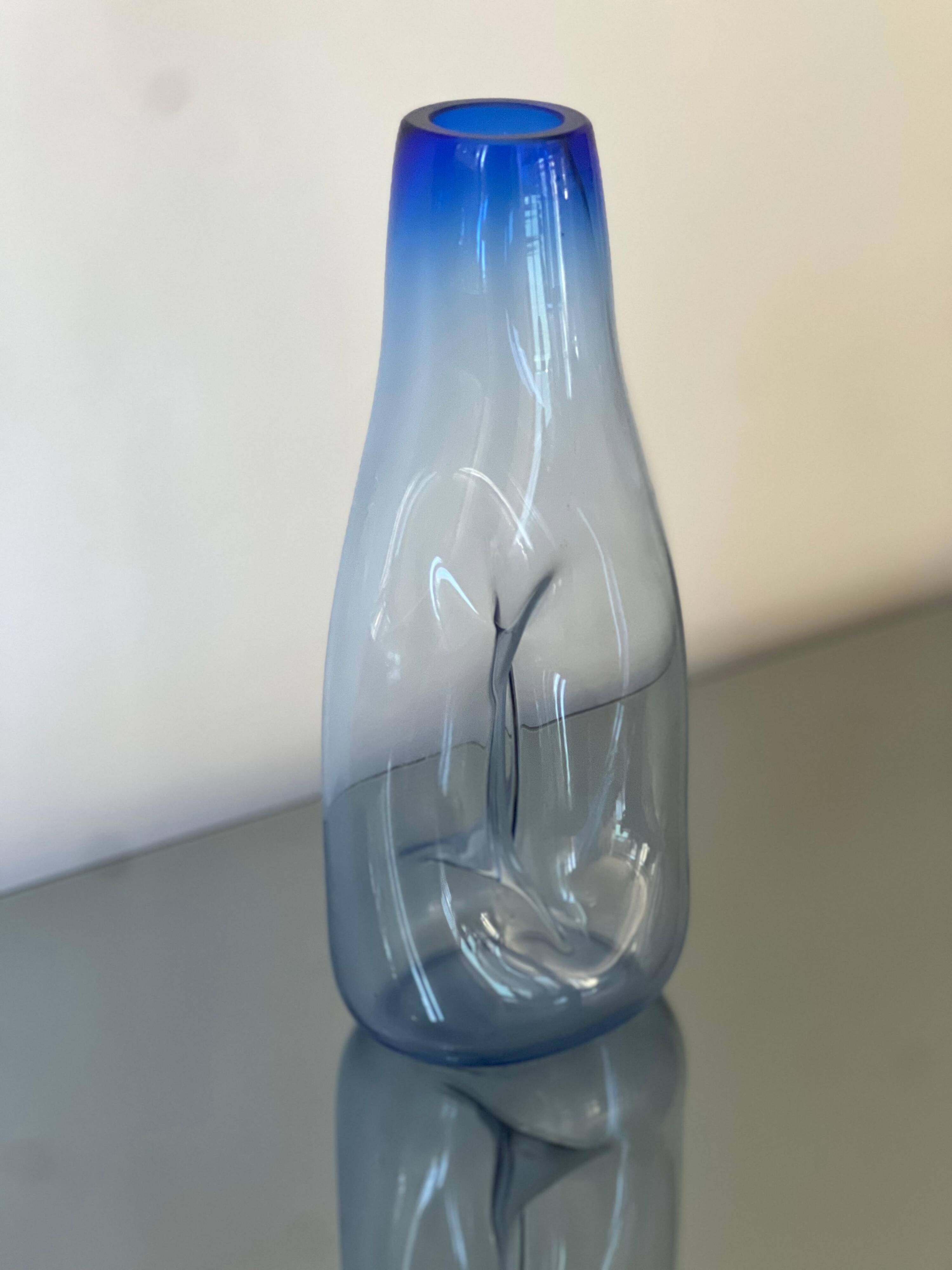 Beautiful Vintage Murano Modern Vase, Blue and Clear Glass, 1970's