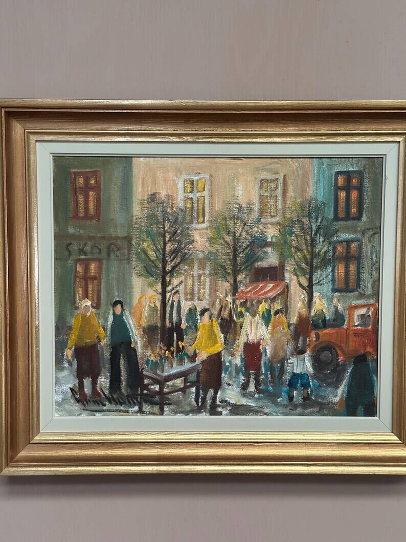 Original Swedish Oil on Canvas – “Market Scene” by Arne Wallsten – Signed
