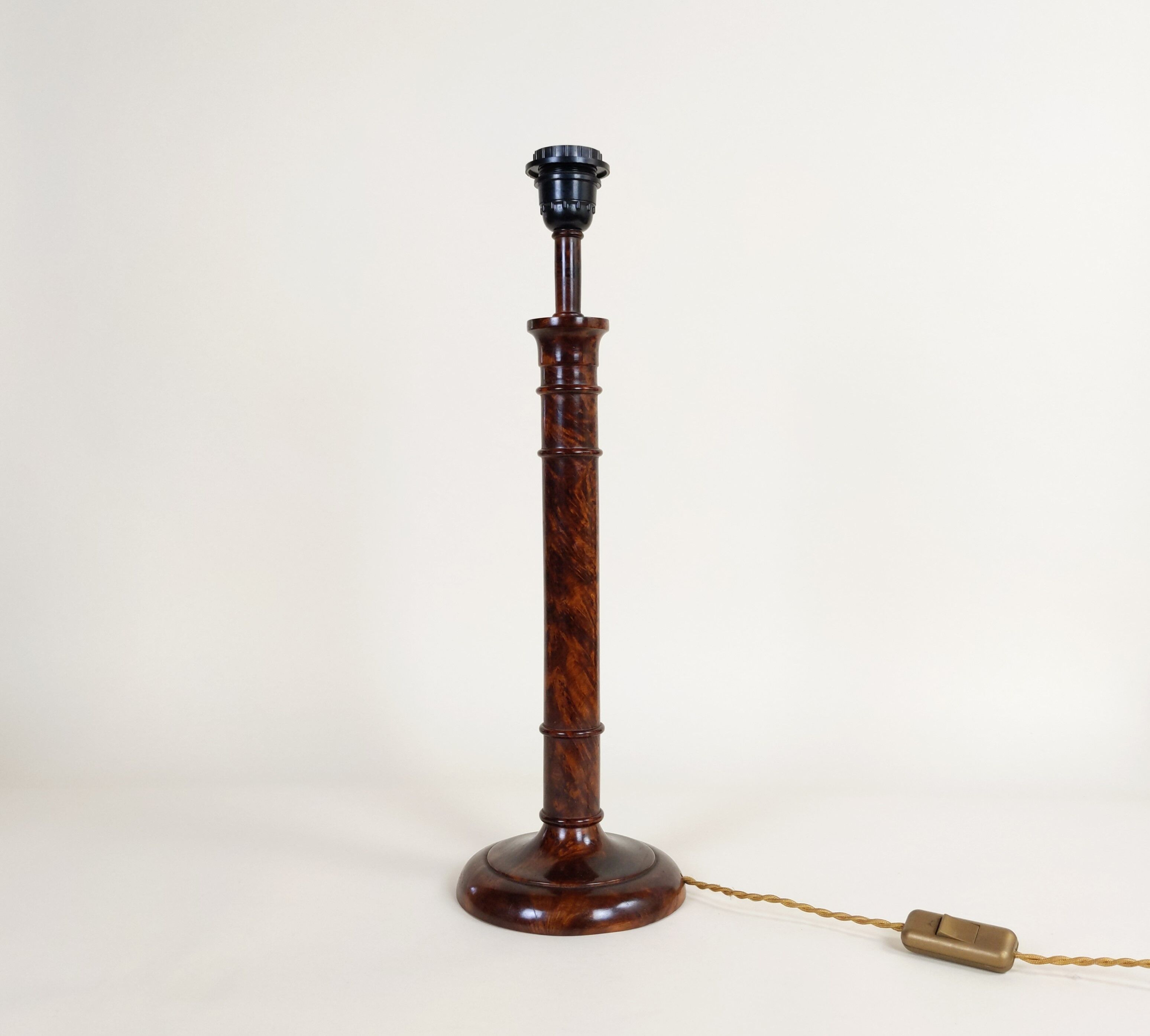 Hand-turned bramble wood lamp foot with golden twisted fabric cable