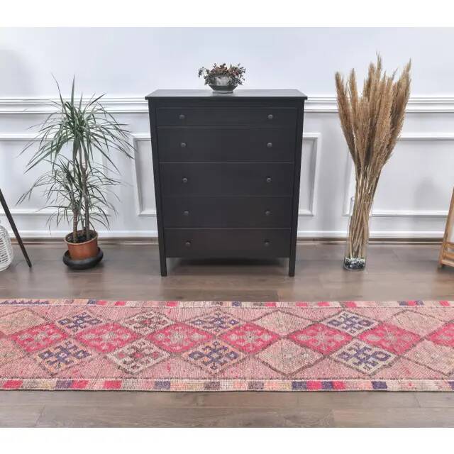 Pink Beige-Blush Vintage Turkish Hand-Knotted Runner 72x365