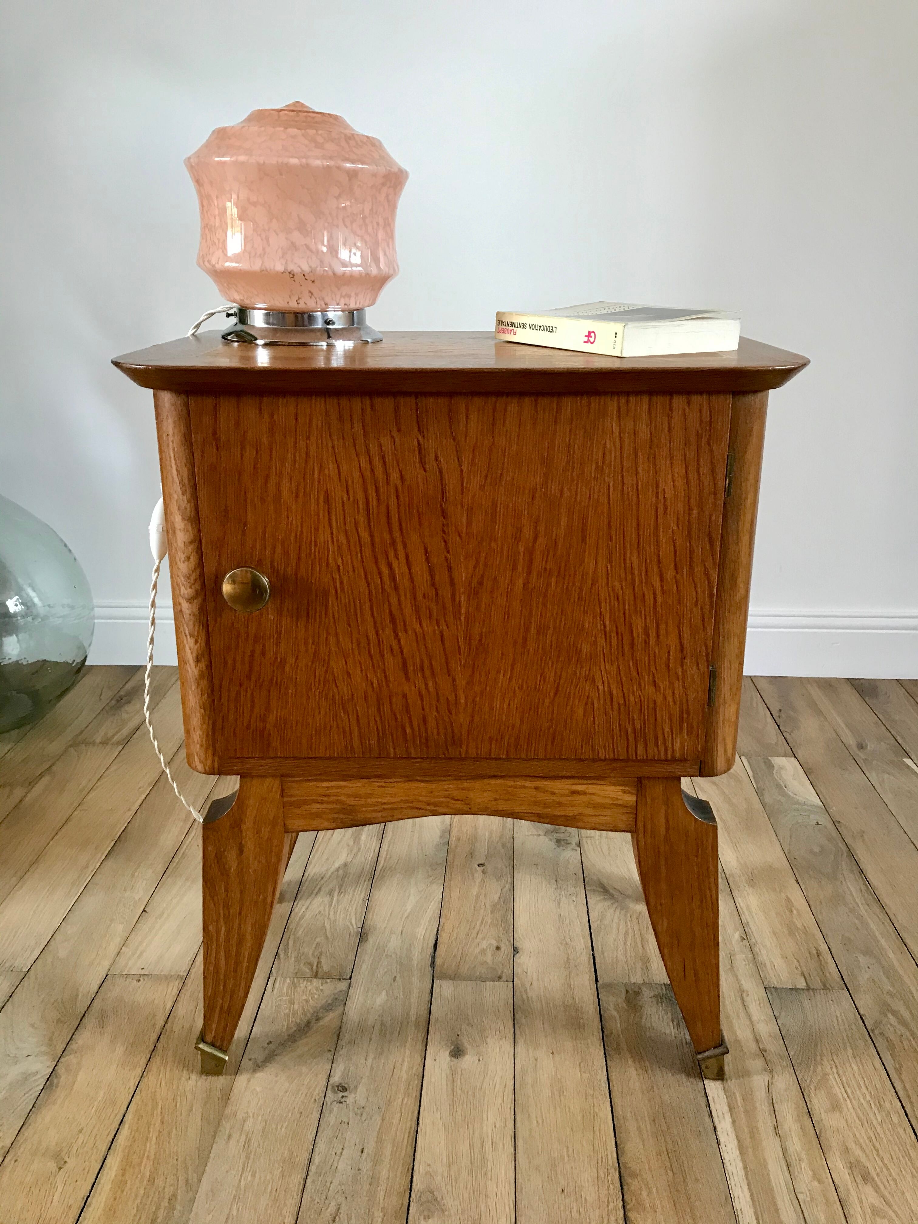 Bedside table in oak and brass 50s