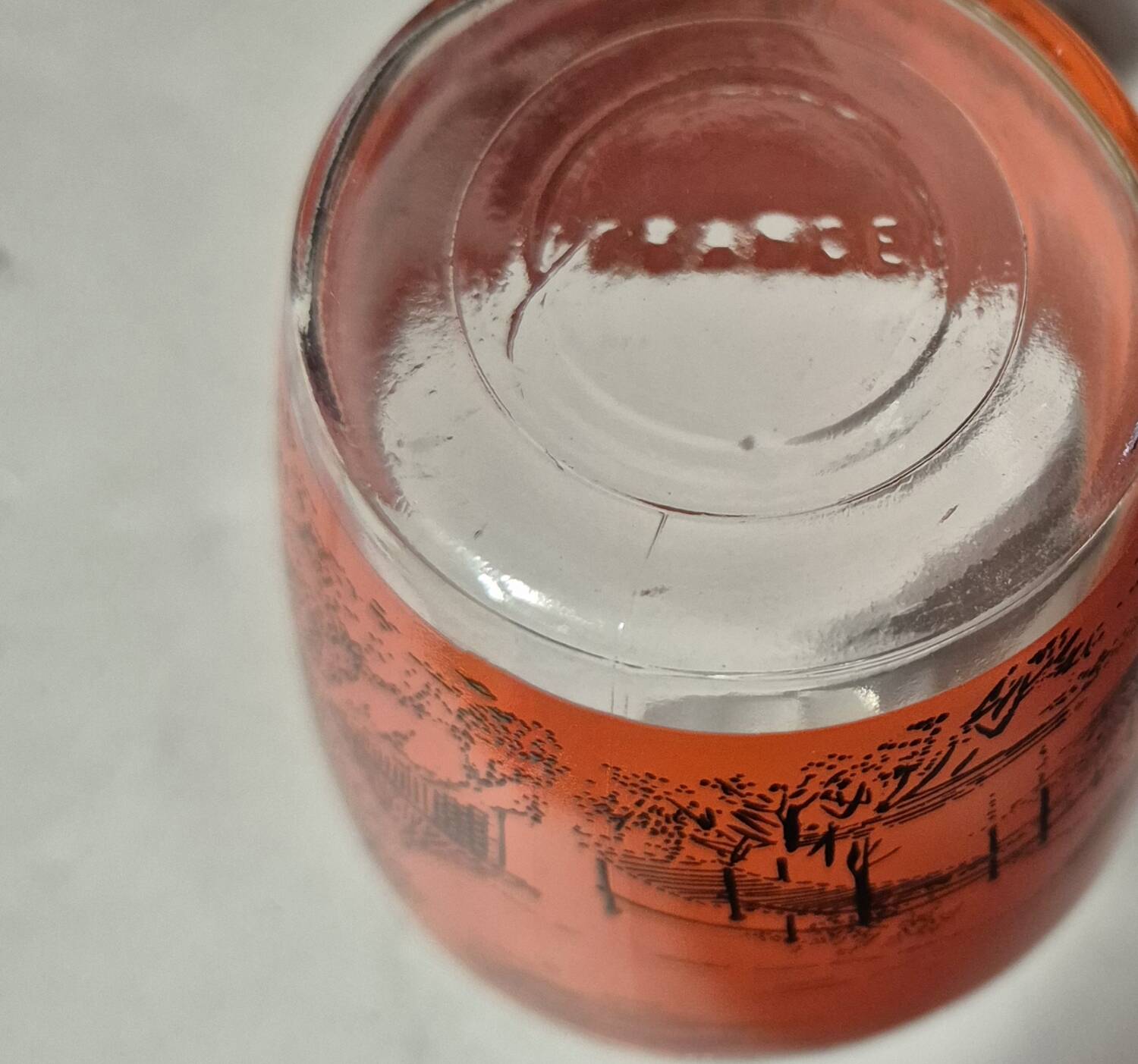 Decorated glass liqueur set, carafe and 4 glasses with asian scene