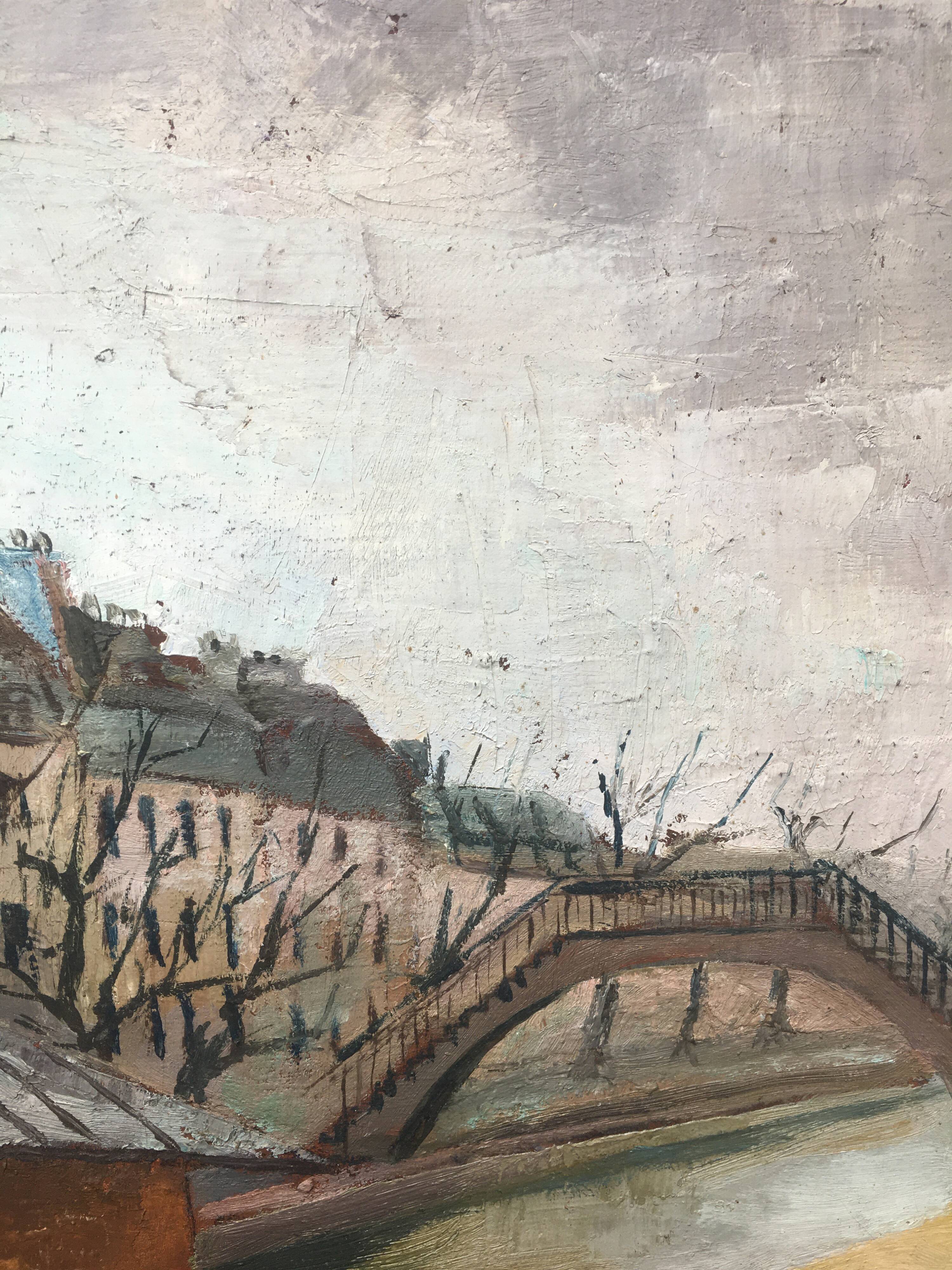 HST painting "Lock of the Canal St Martin" Paris around 1950 - Ecole de Paris