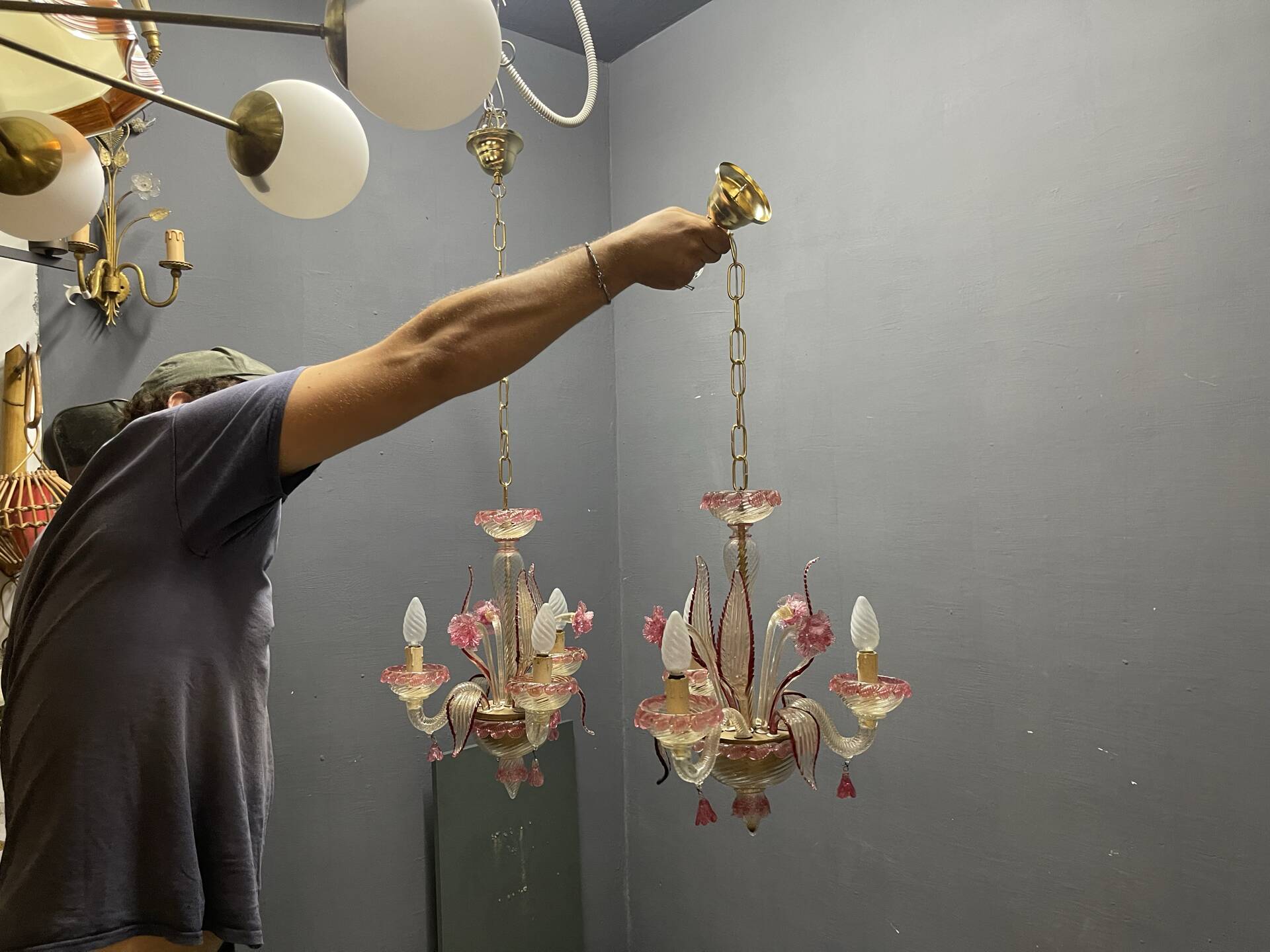 Venetian Pink Murano Glass Chandeliers Set of 2, 1960s
