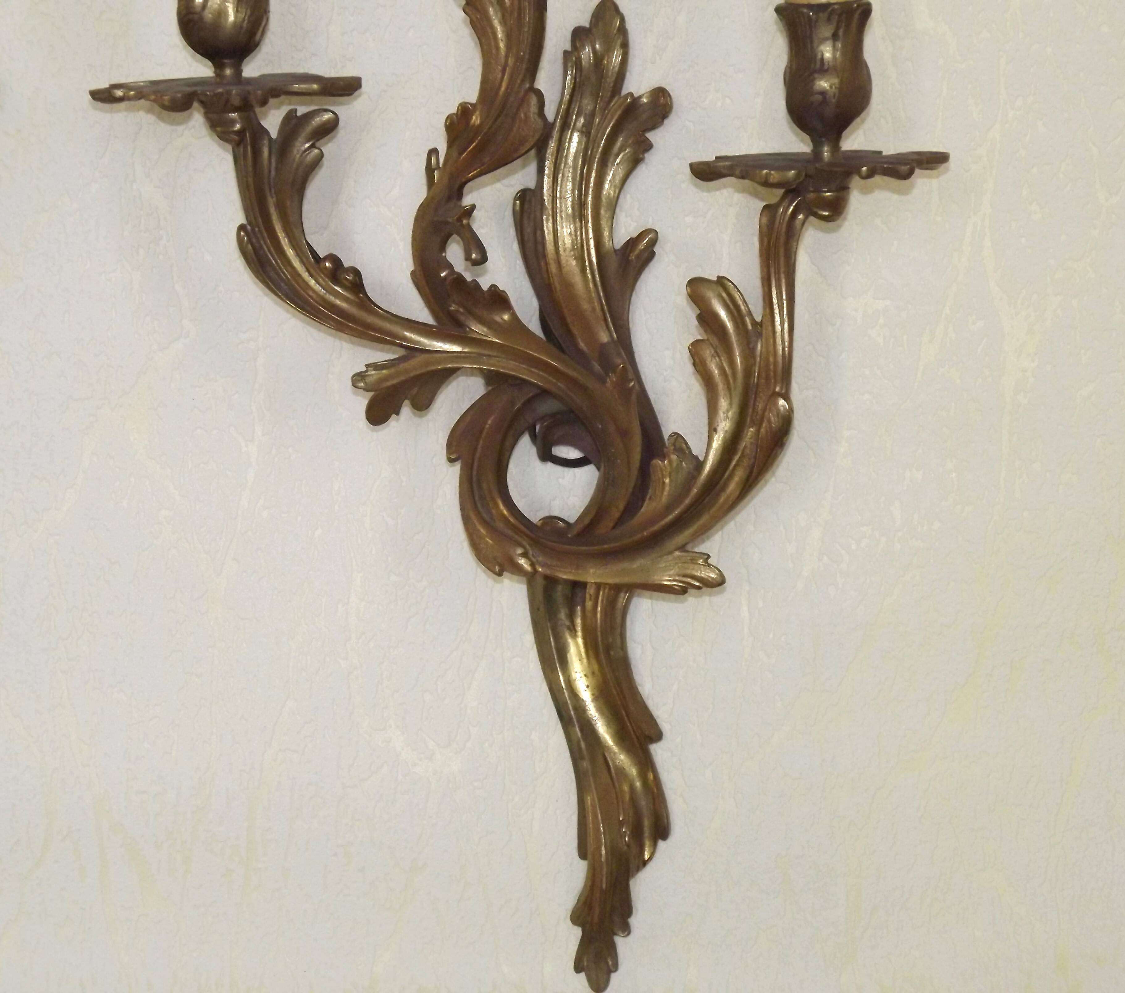 Very large pair of early 1900s 3-light acanthus leaf wall sconces 5209