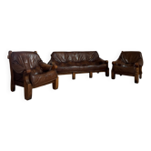 Ensemble Canapé et 2 Fauteuils Années 60 en Bois et Cuir