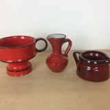 3 red ceramic vases