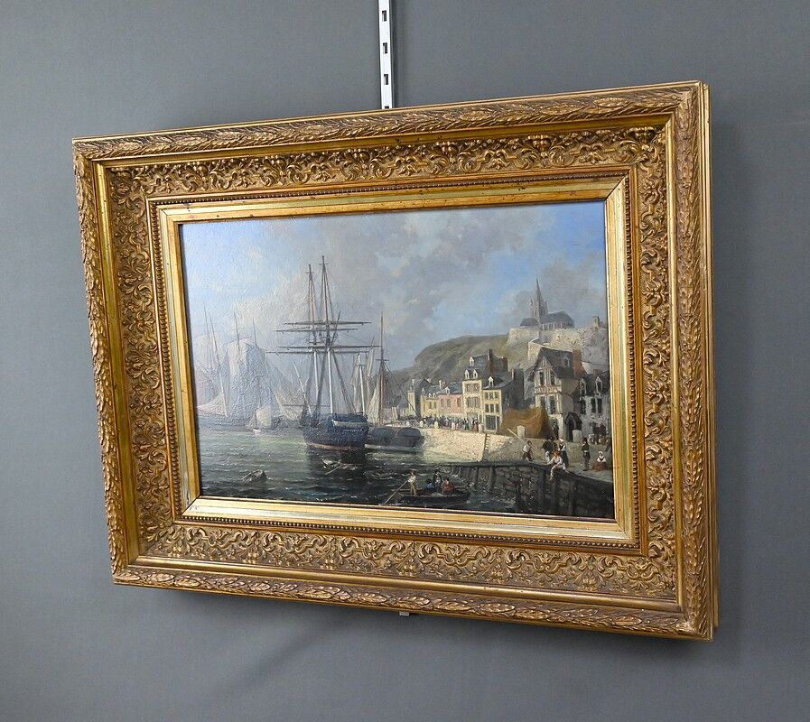 Tableau "Quay in Light", oil on panel, signed Jules d'Évry – Mid 19th century