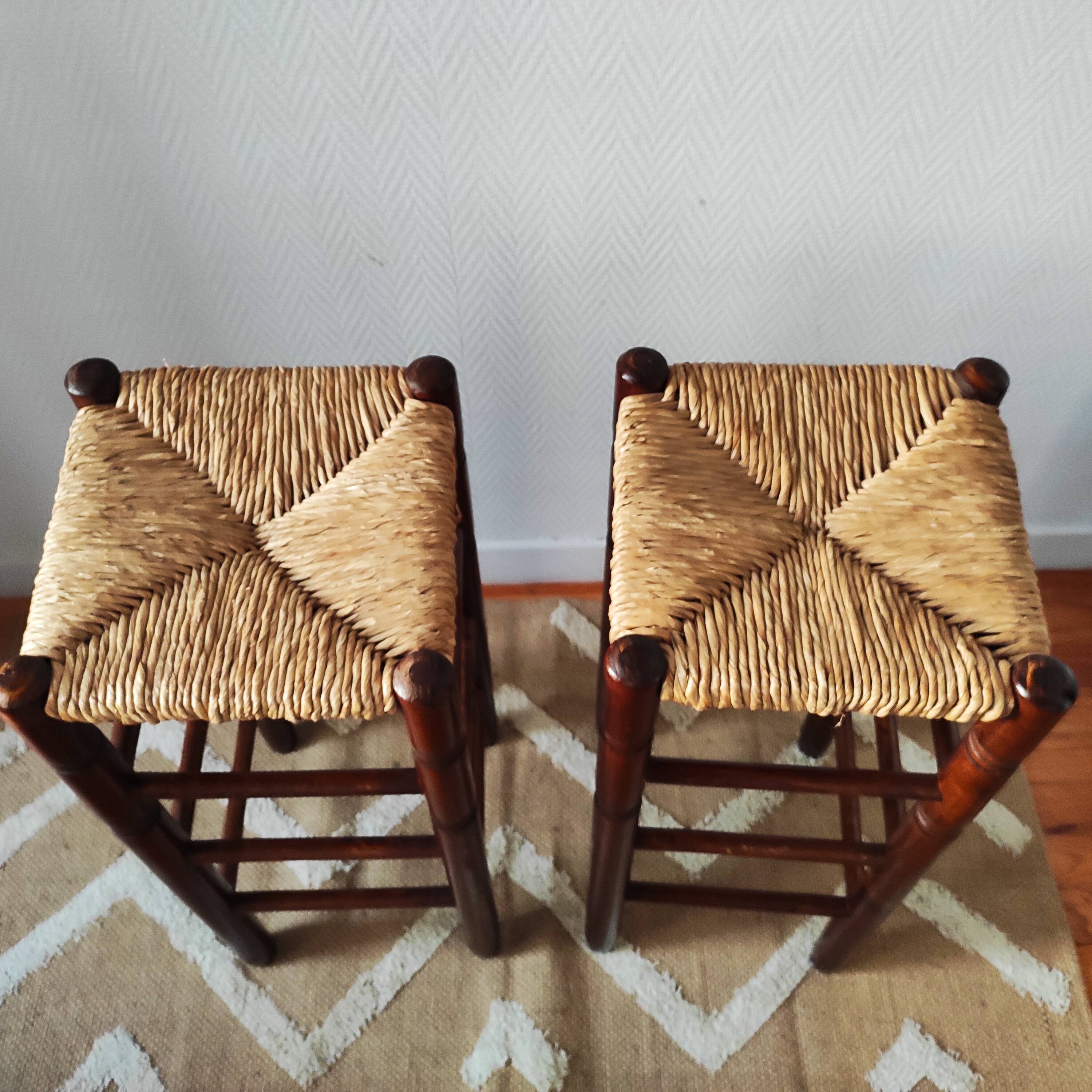 Pair of vintage brutalist stools made of wood and straw, France 1965.