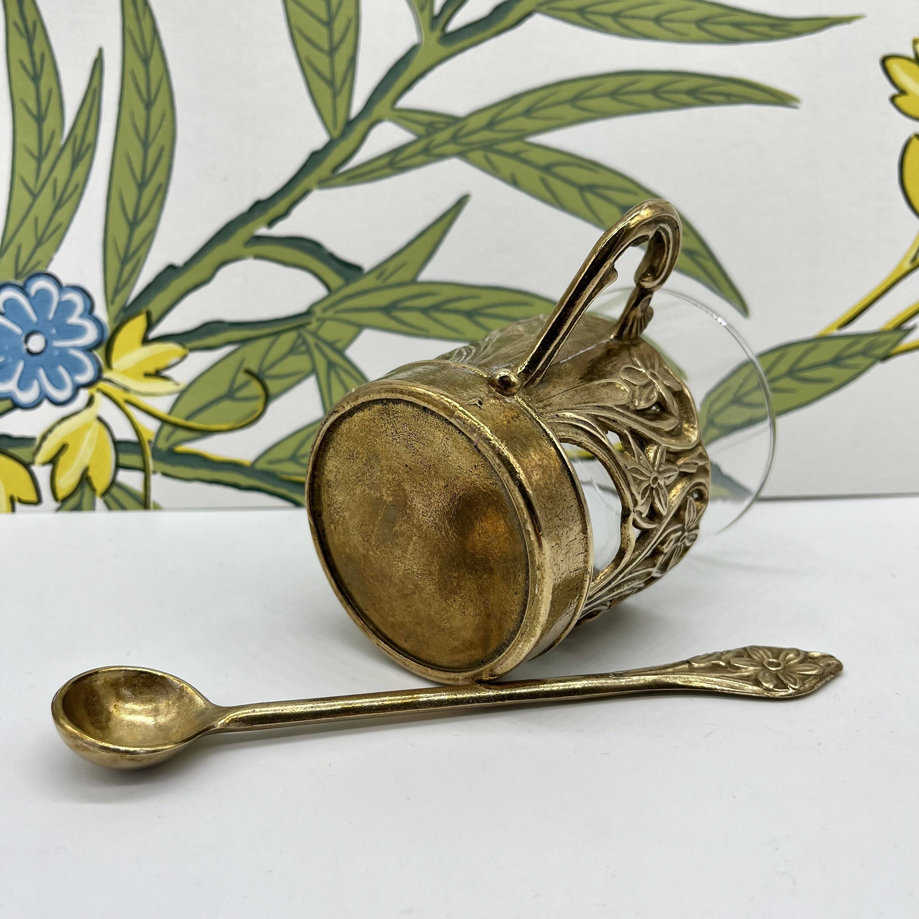 Solid brass teacup and spoon with Art Nouveau flower decor
