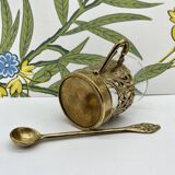 Solid brass teacup and spoon with Art Nouveau flower decor