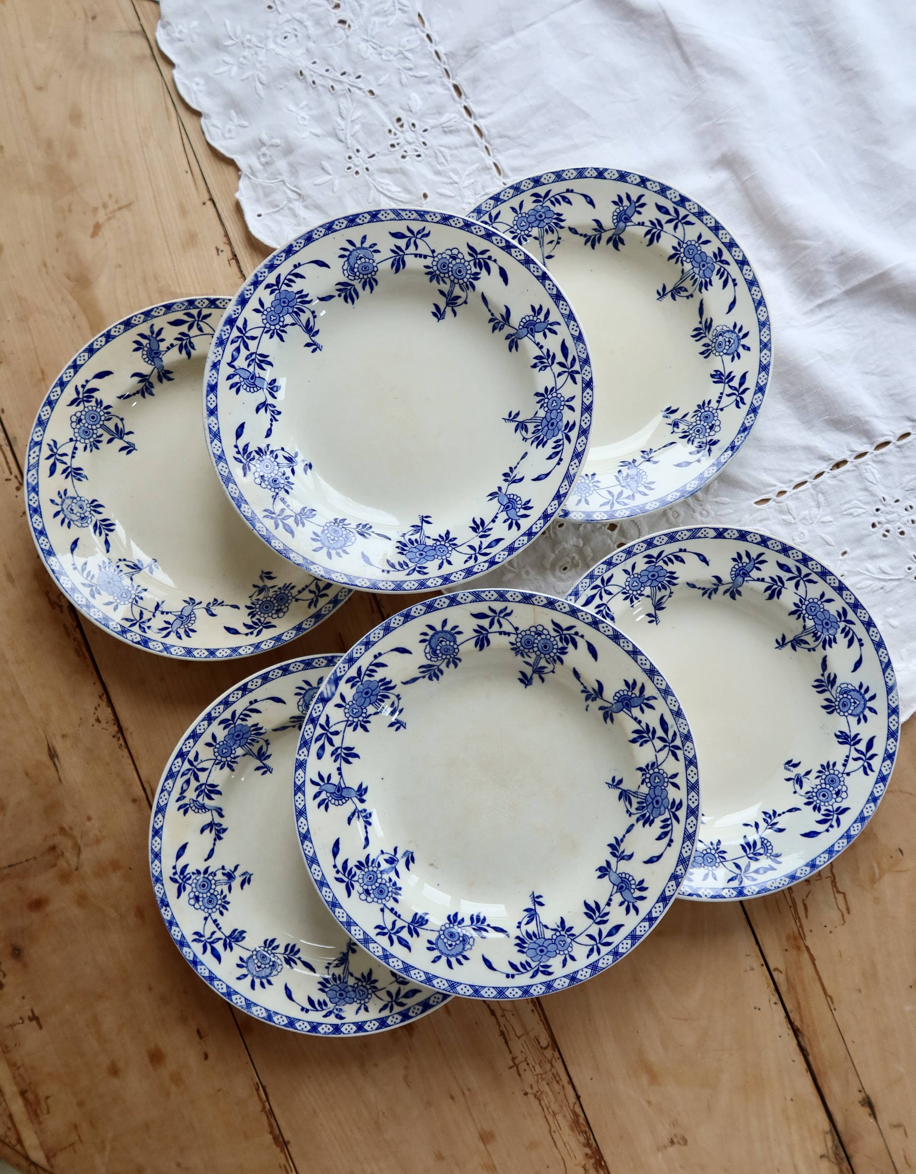 6 antique deep plates, blue and white Dresden porcelain