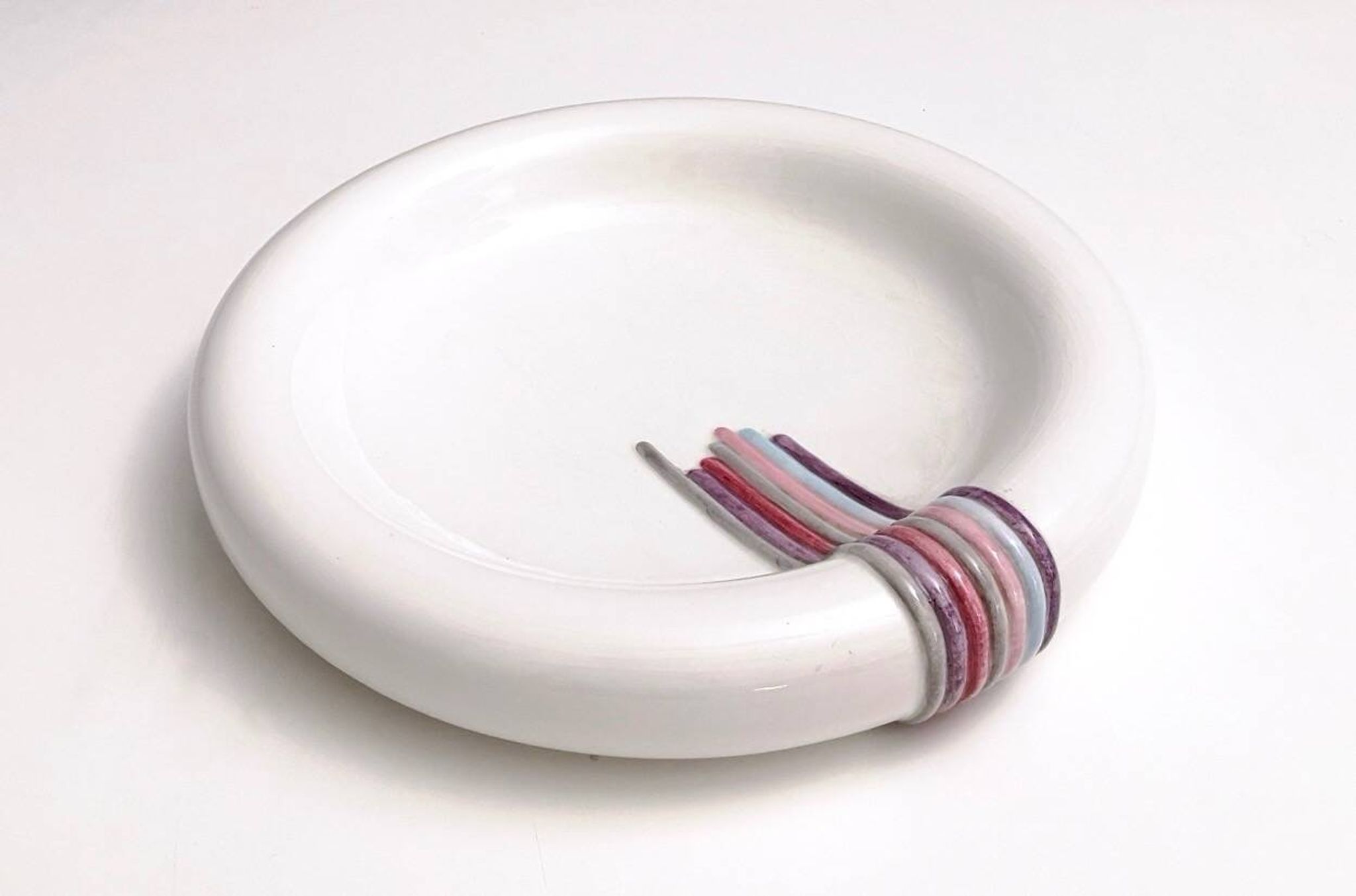 Round White Ceramic Catchall by Ambrogio Pozzi with Hand Painted Details, I