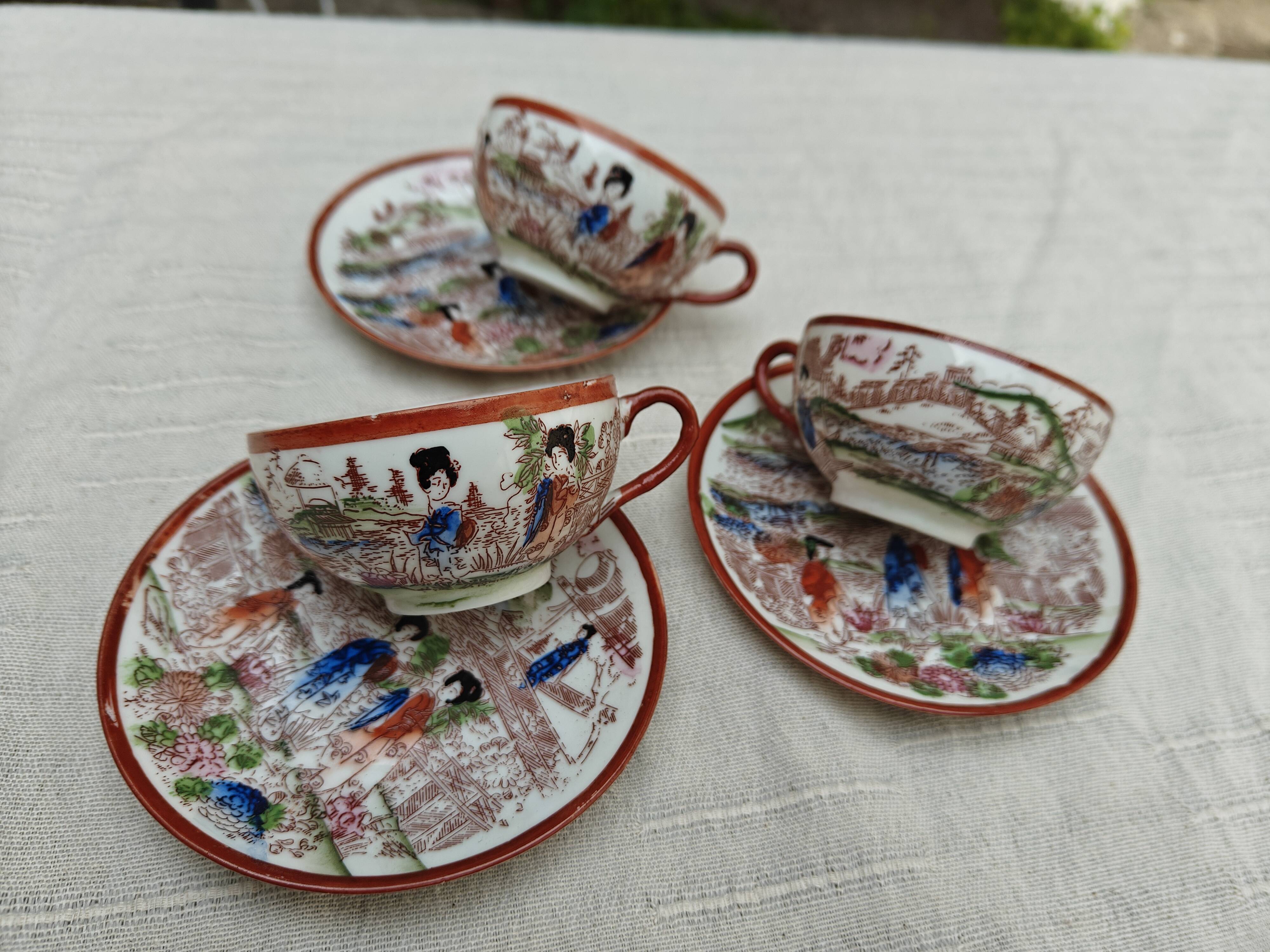 Vintage Japanese tea/coffee service, egg shell porcelain & enamels for 5 people.