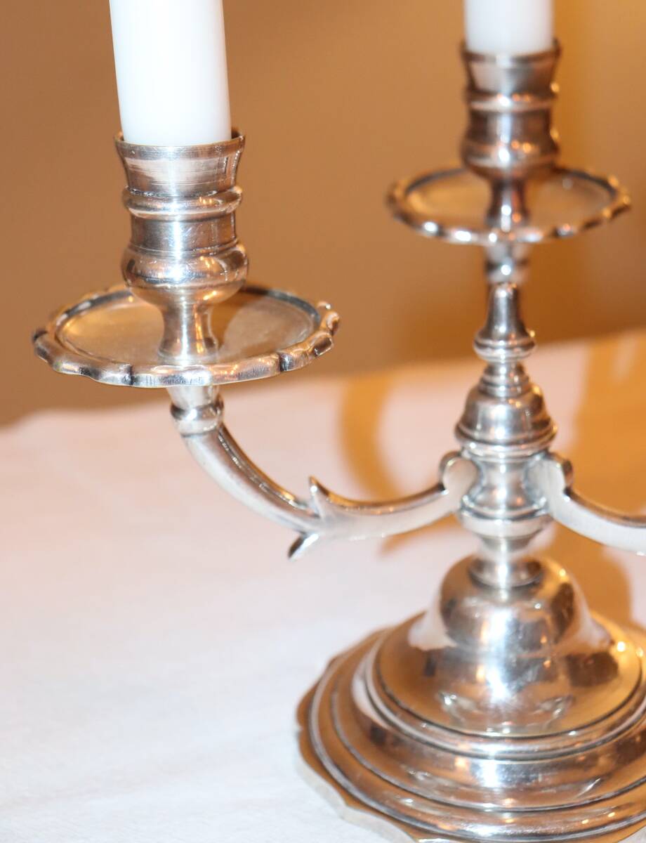 Pair of triangular 3-light candlesticks