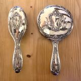 Miroir à main et brosse pour linge métal argenté
