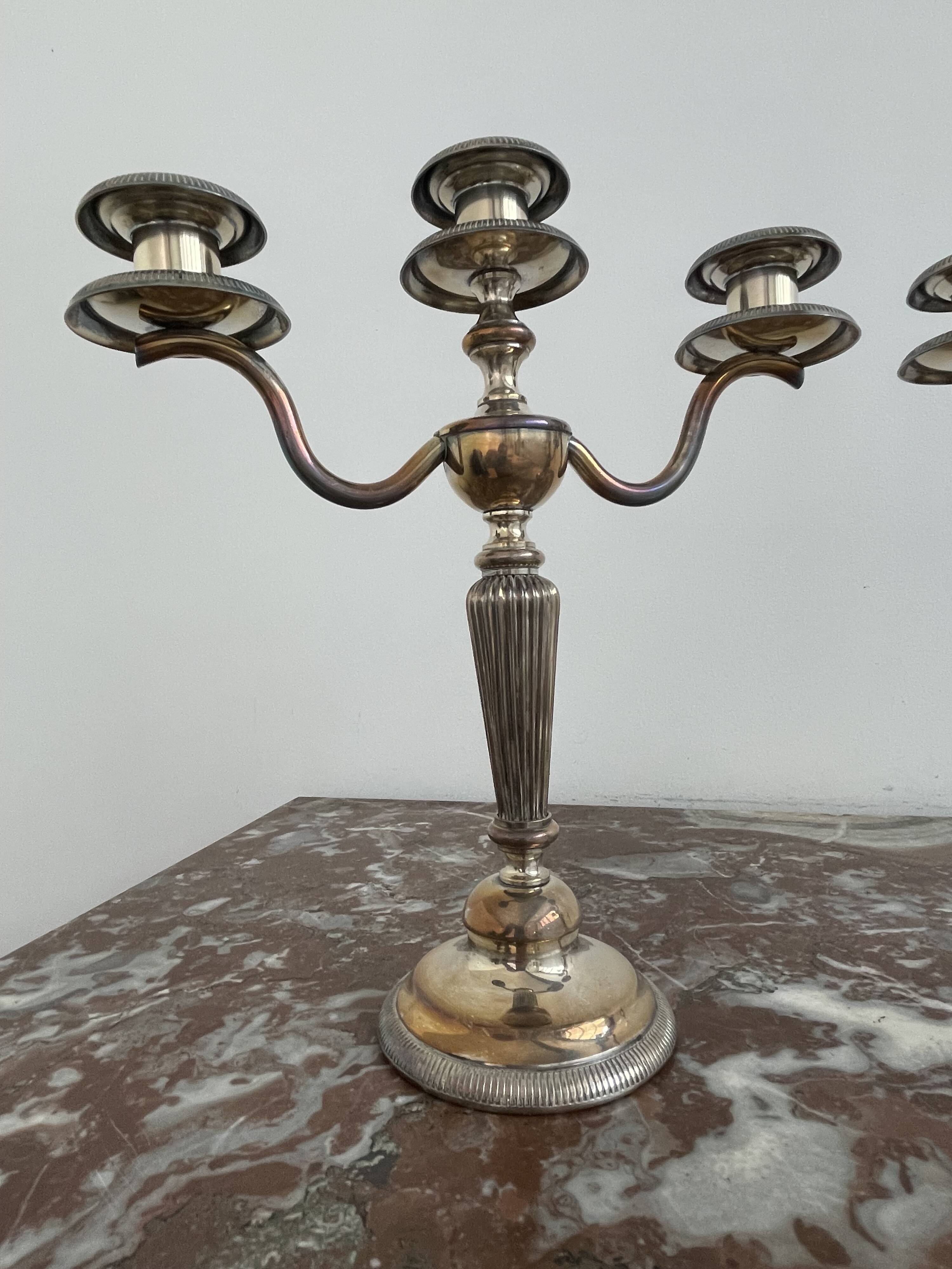 Candlesticks, silver-plated metal, Maison Christofle, pair of candelabras, 3 lights