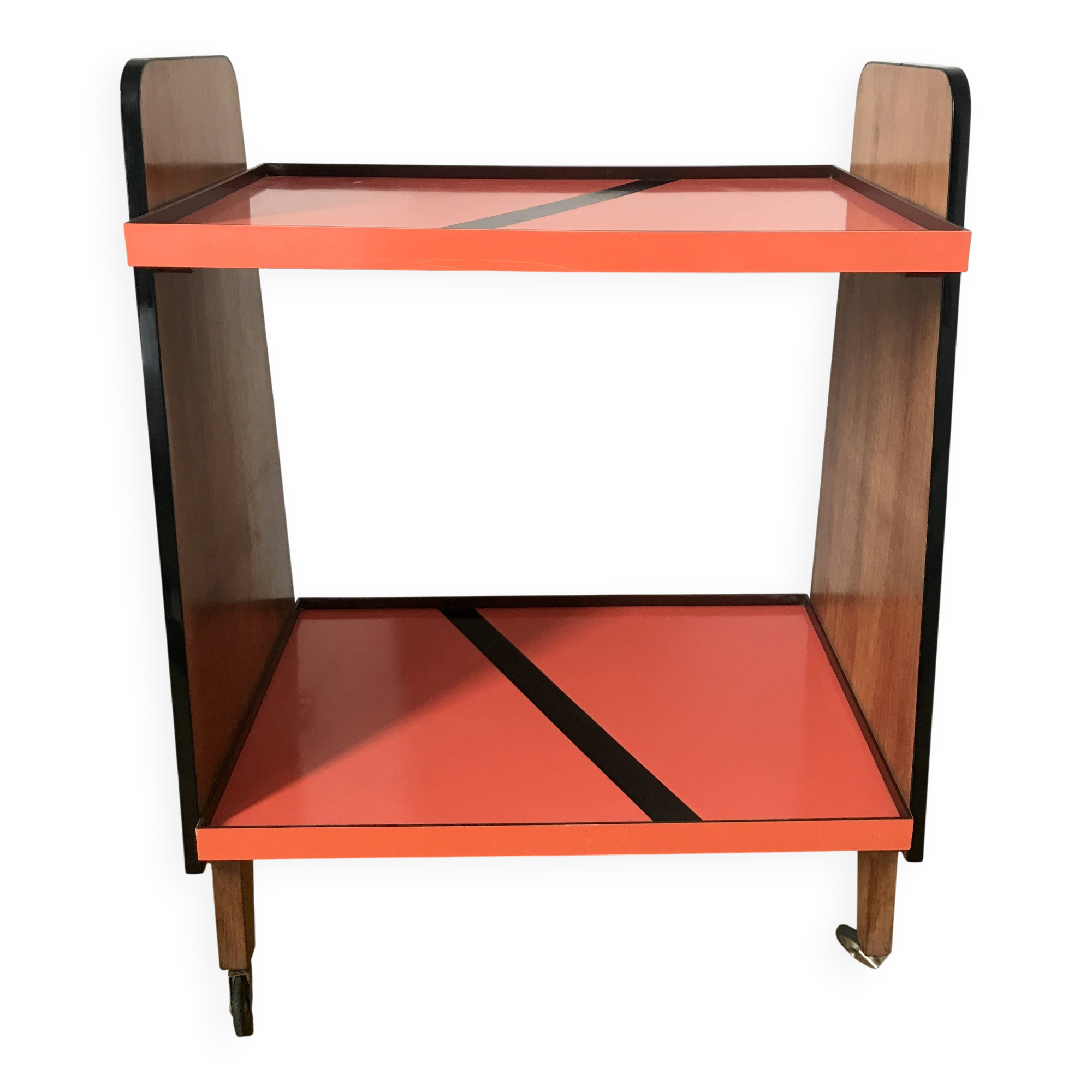 Desserte vintage orange, pieds en équerre et montants bois, années 60