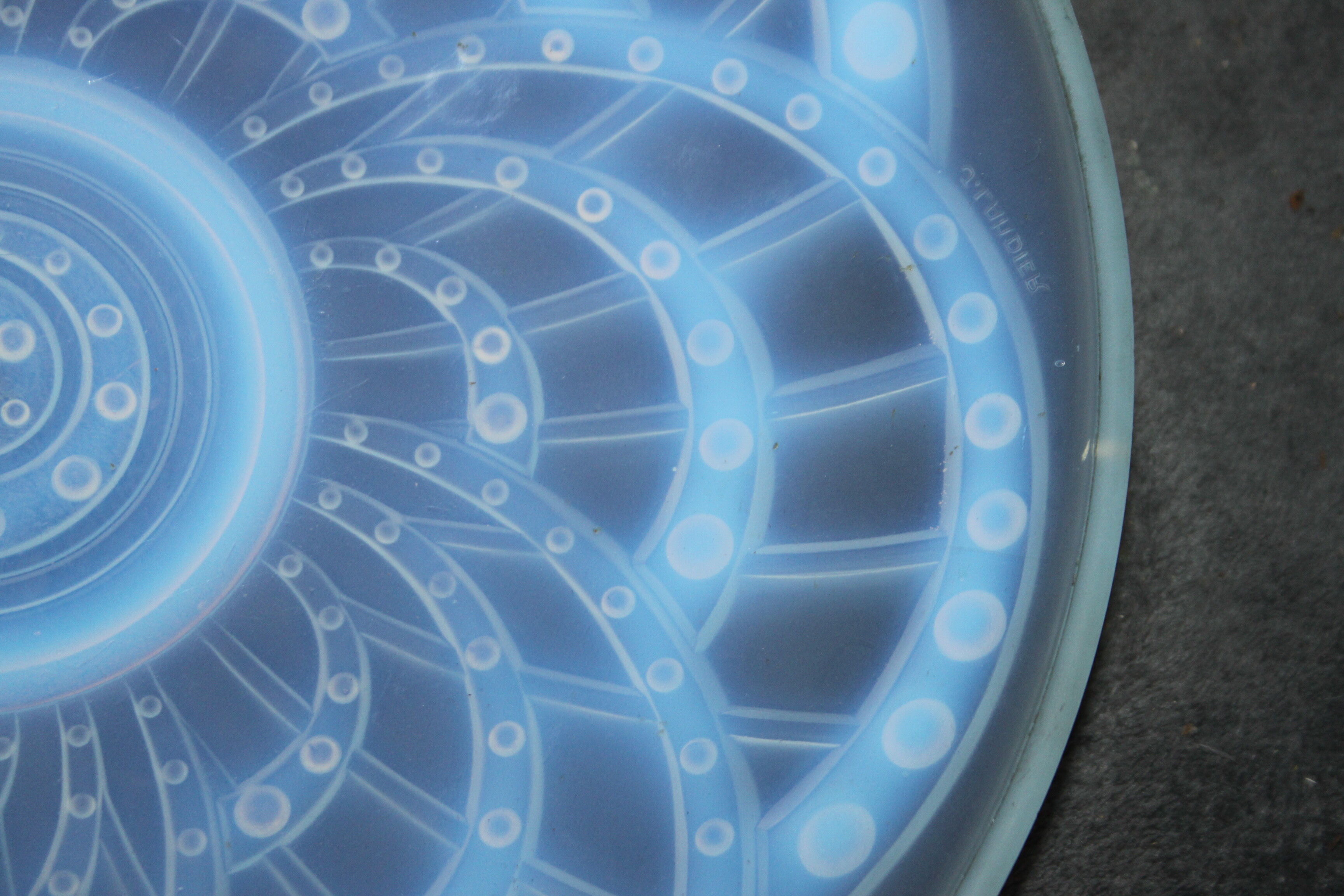 1930s opalescent glass art deco cut. Signed J Landier