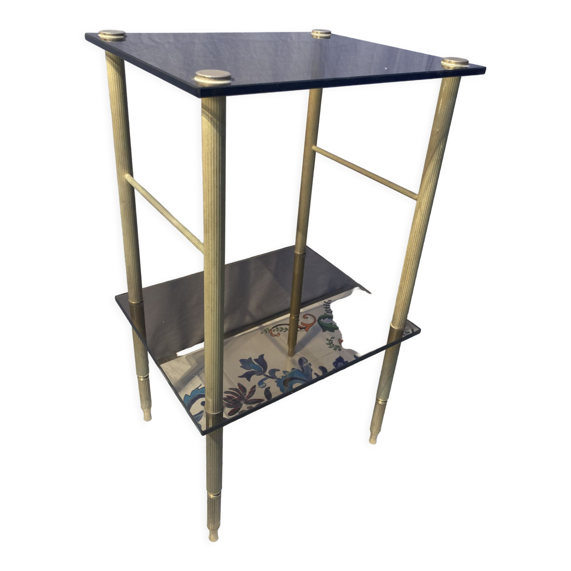Brass side table and smoked tempered glass