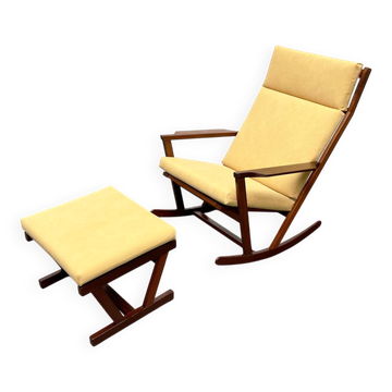 Mid-century Danish rocking chair set with footrest by Poul Volther for Frem Røjle, 1960s.