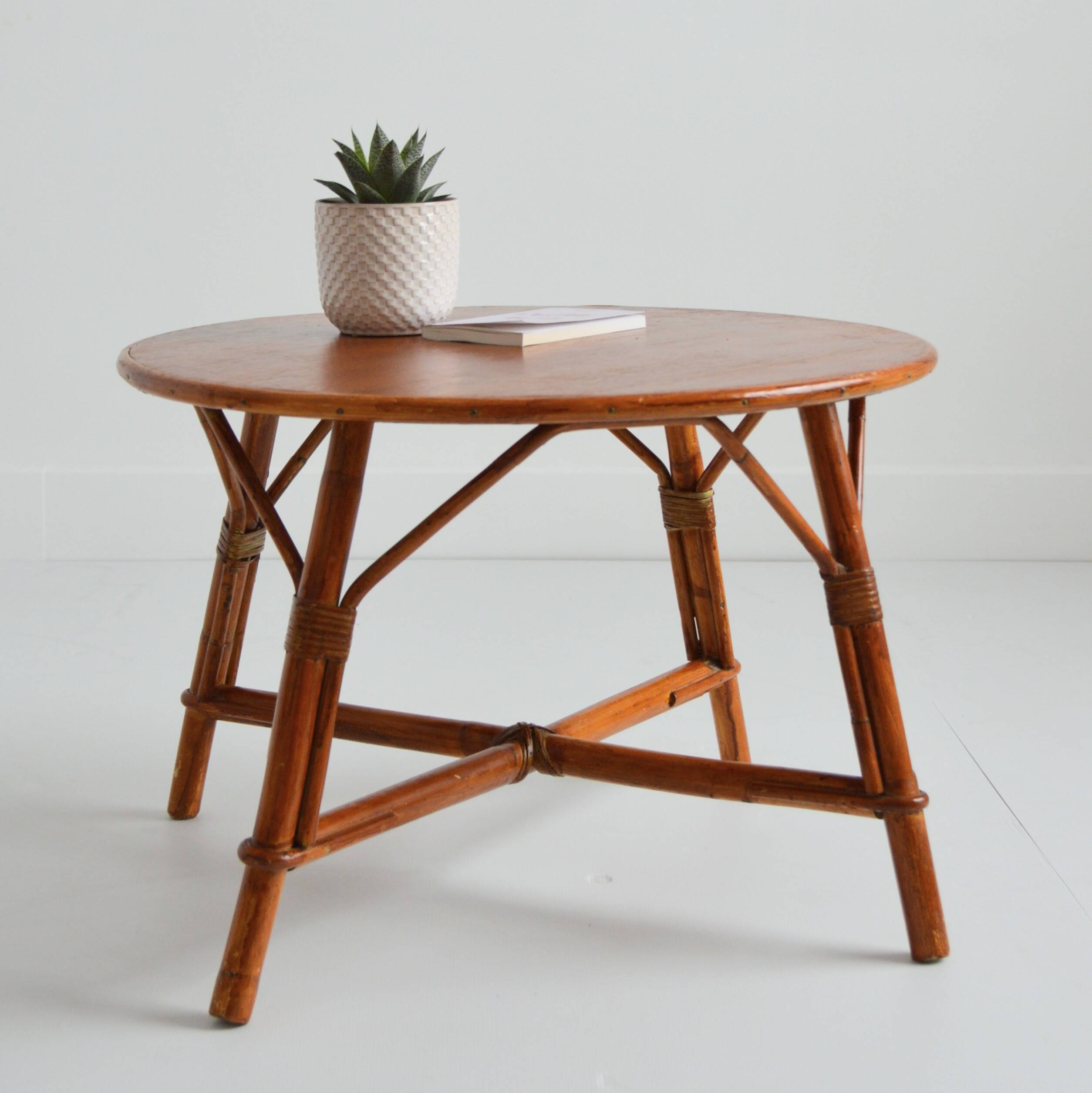 Vintage 1960s round wood and rattan coffee table