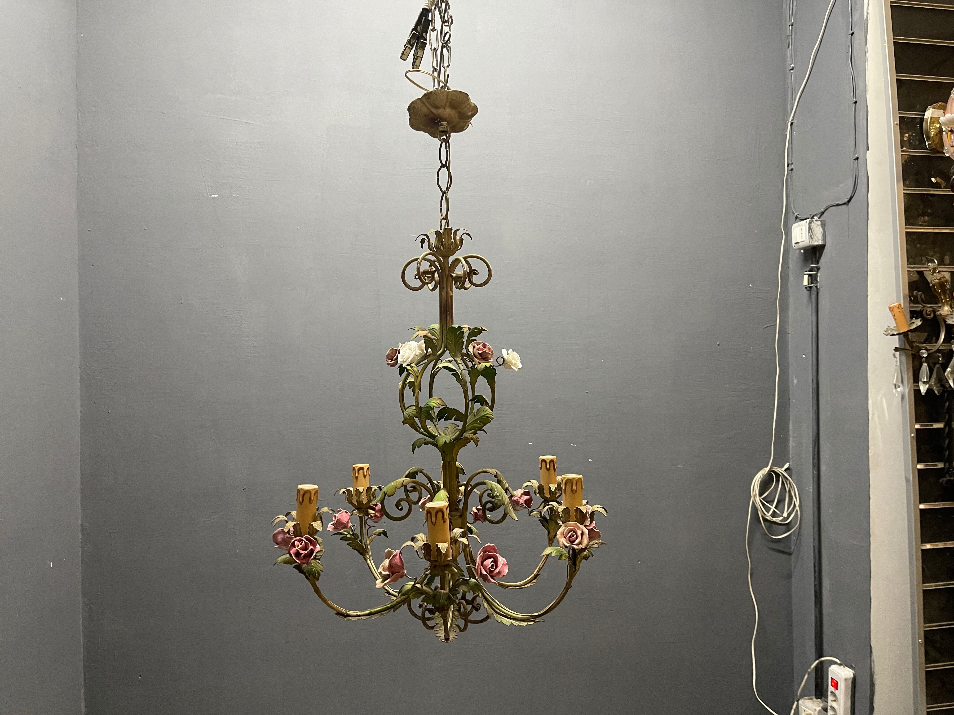 Italian Florentine Tole and Ceramic Flower Chandelier, 1950s