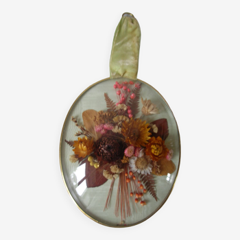 Ancien cadre bouquet de fleurs séchées naturelles verre bombé 19 cm déco rétro