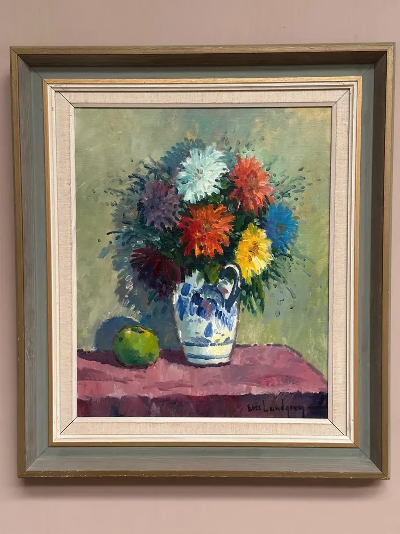 Original Swedish Oil on Canvas – “Asters in a Ceramic Vase” by Eric Lundgren – Signed – Vintage and Framed – 60 × 54 cm (23.6" × 21.3")