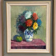 Original Swedish Oil on Canvas – “Asters in a Ceramic Vase” by Eric Lundgren – Signed – Vintage and Framed – 60 × 54 cm (23.6" × 21.3")