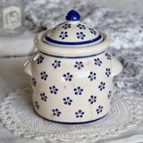 Vintage beige earthenware candy box - Hand-painted blue floral decoration