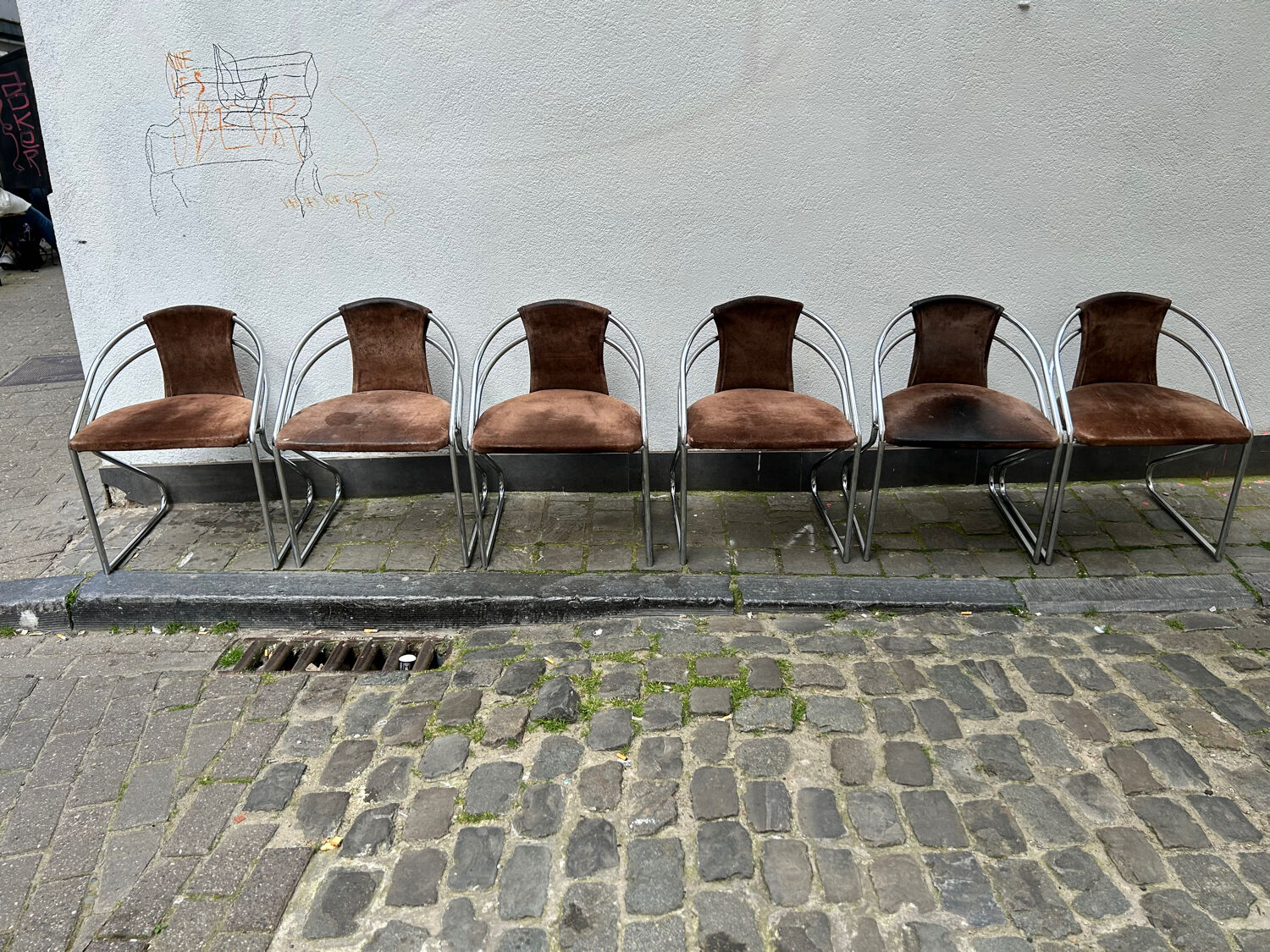 6 vintage chrome and suede design chairs