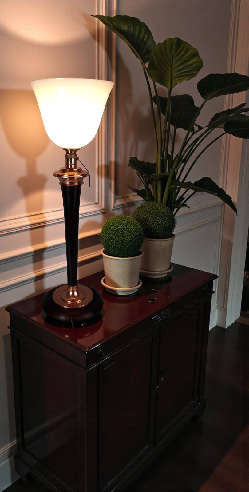 Antique large Mazda Art Deco lamp: opaline glass, wood & copper, 77 cm S802