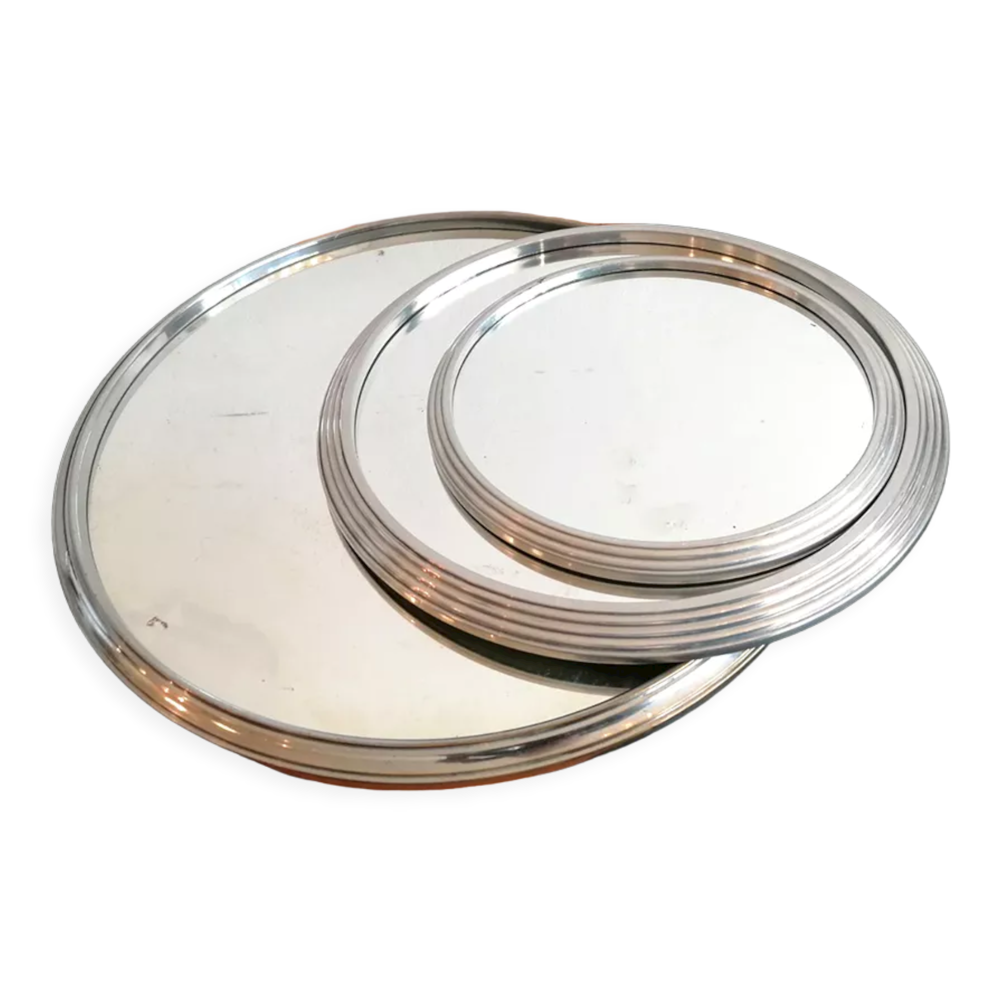 Set of 3 round mirrored trays, metal strapping, 1950/60
