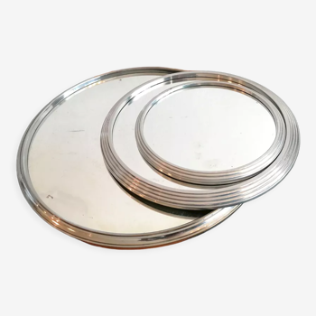 Set of 3 round mirrored trays, metal strapping, 1950/60