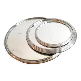 Ensemble de 3 plateaux ronds en miroir, cerclage métal, 1950/60