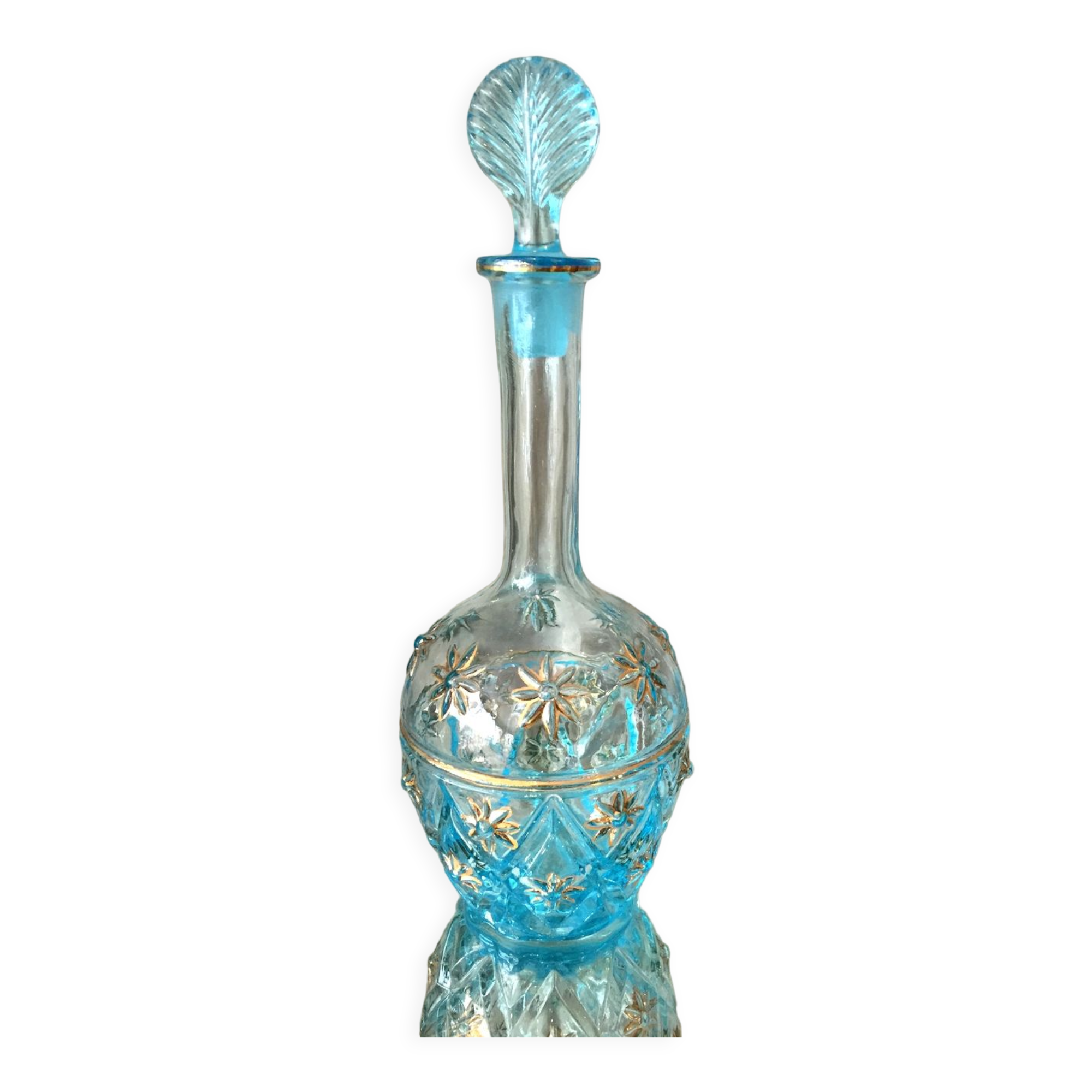 Turquoise blue liquor decanter and glass gild mold press of the 1950s
