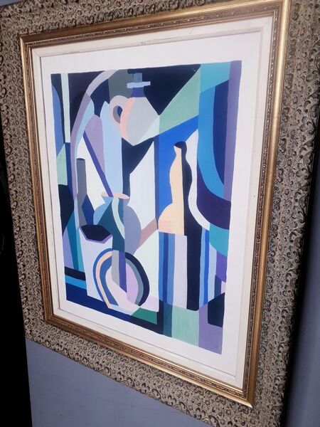 Cubist gouache painting, still life, anonymous 1970