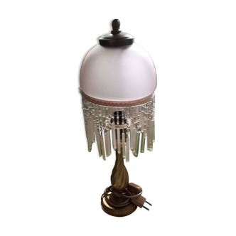 Bedside lamp with opaline and tassels and gold metal from the 1970s