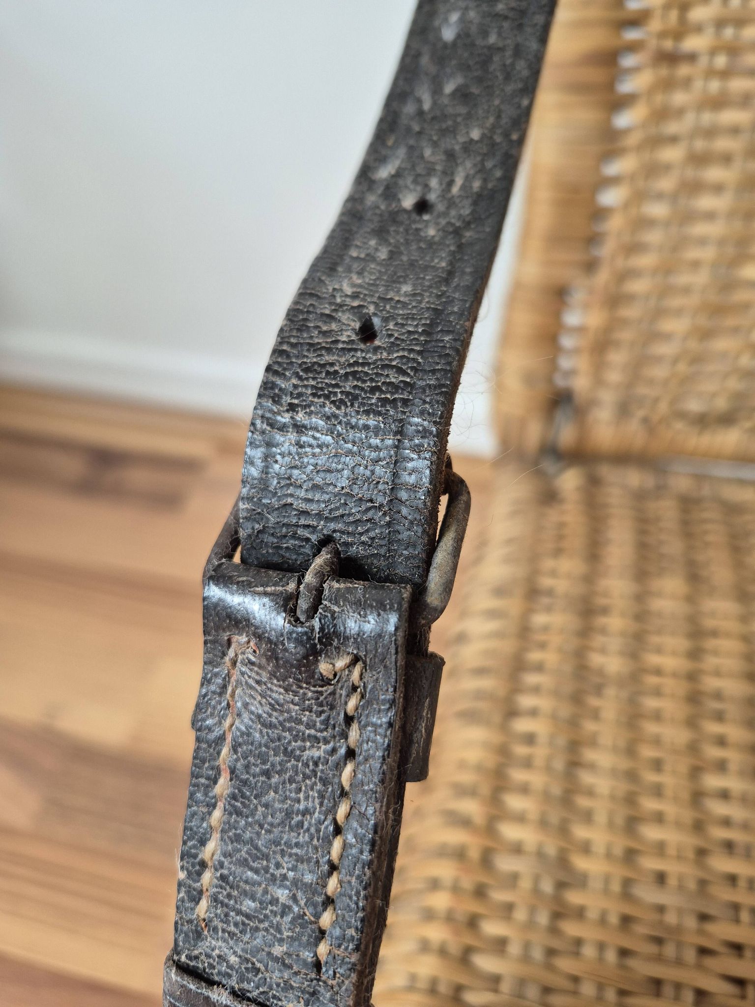 Vintage foldable beach chair, picnic in rattan and leather.