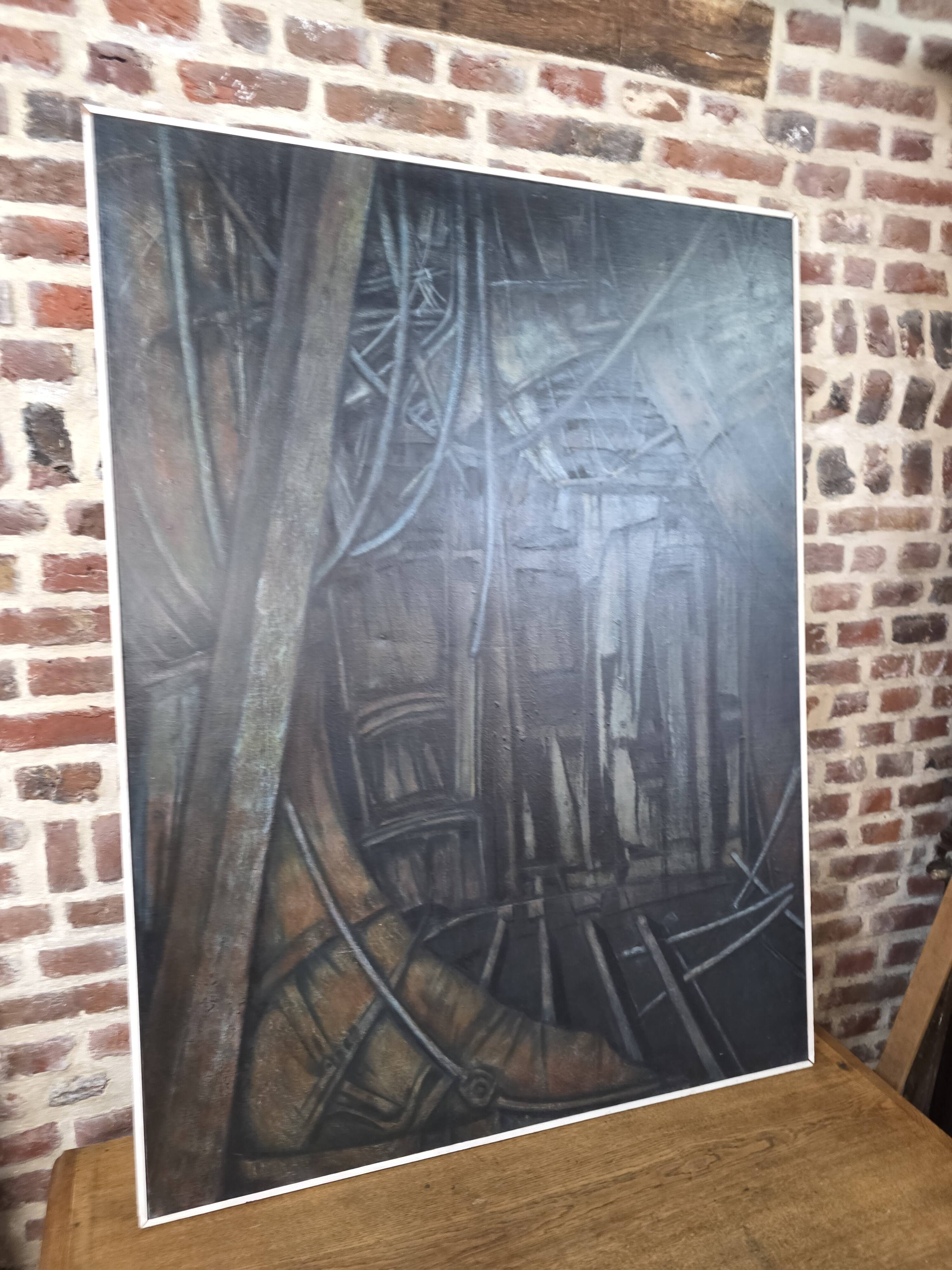 Oil painting on canvas of the interior of a boat from the 50s/70s