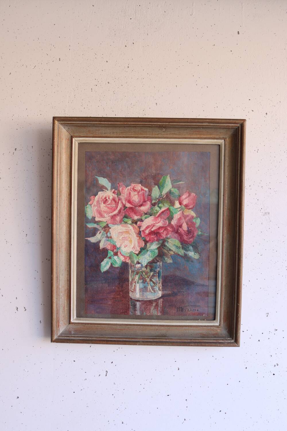 Framed watercolour of roses, signed.