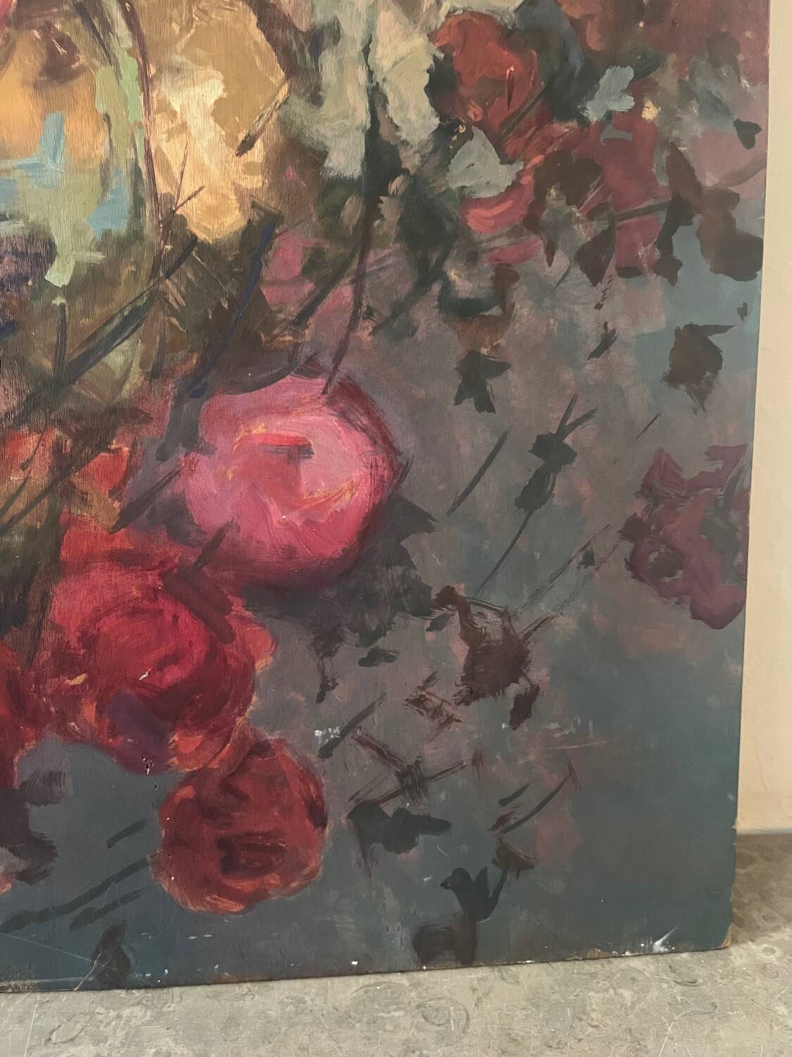 Large bouquet of roses, oil on wood panel, signed