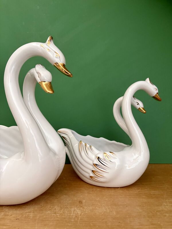 Duo de caches pots vintage - Cygnes en céramique