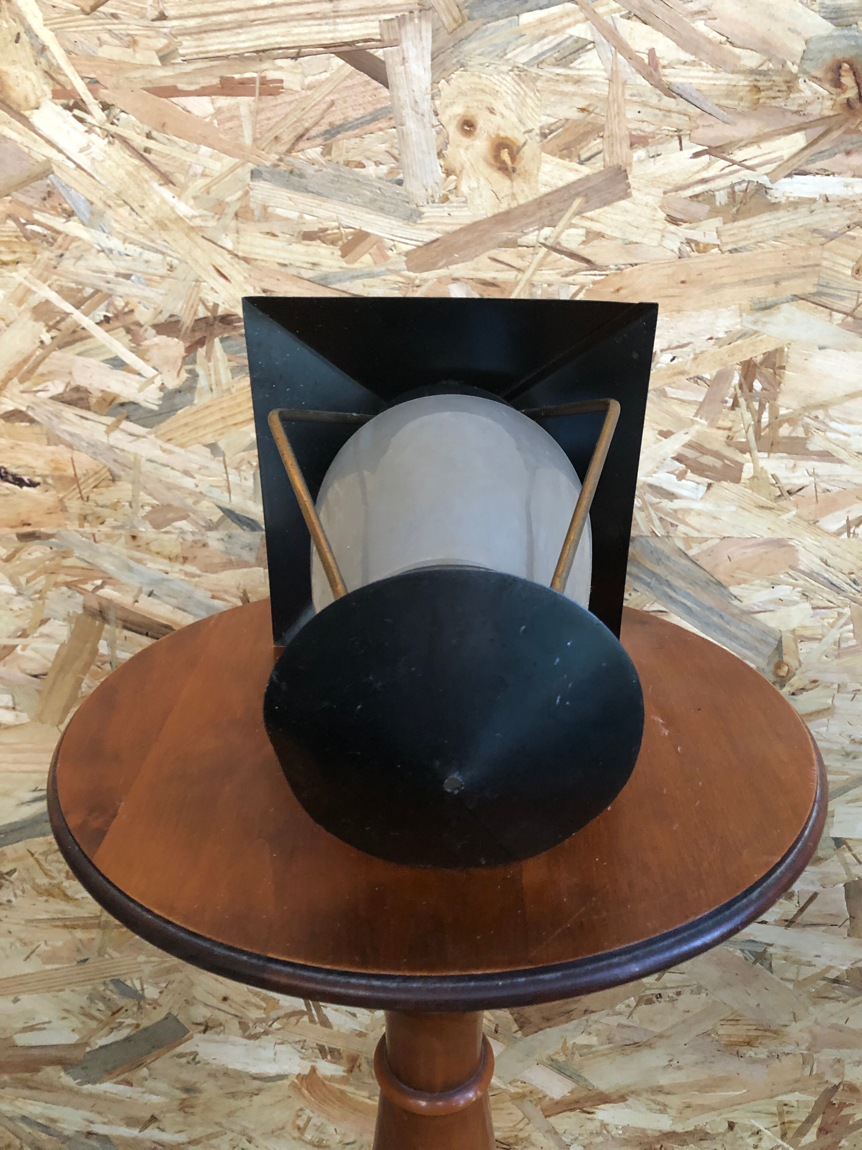 Old black metal & brass lantern pendant + vintage round opaque glass