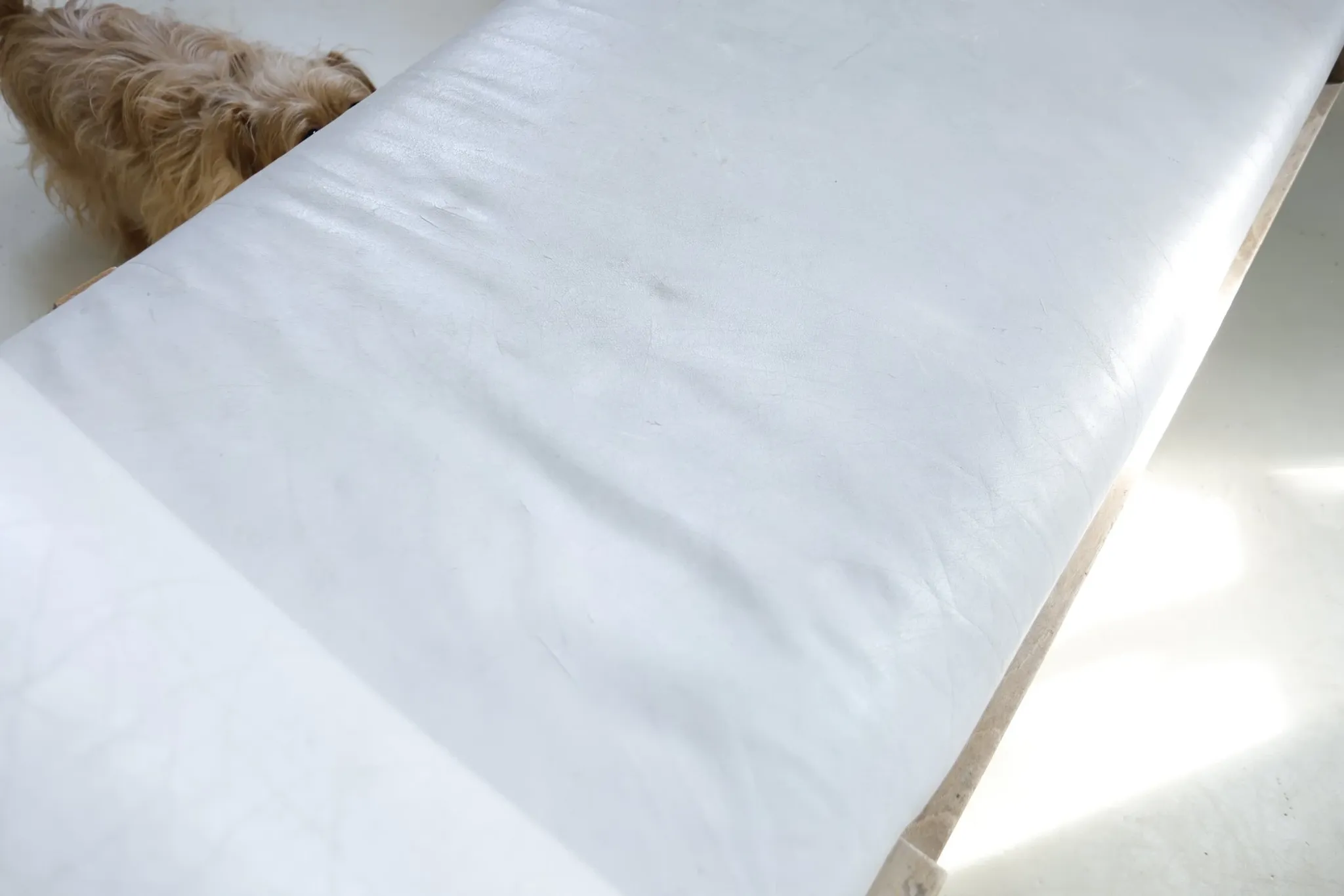 Vintage chaise longue / daybed in bleached wood and white leather