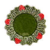 Assiette artisanale aux fraises en barbotine verte et rouge