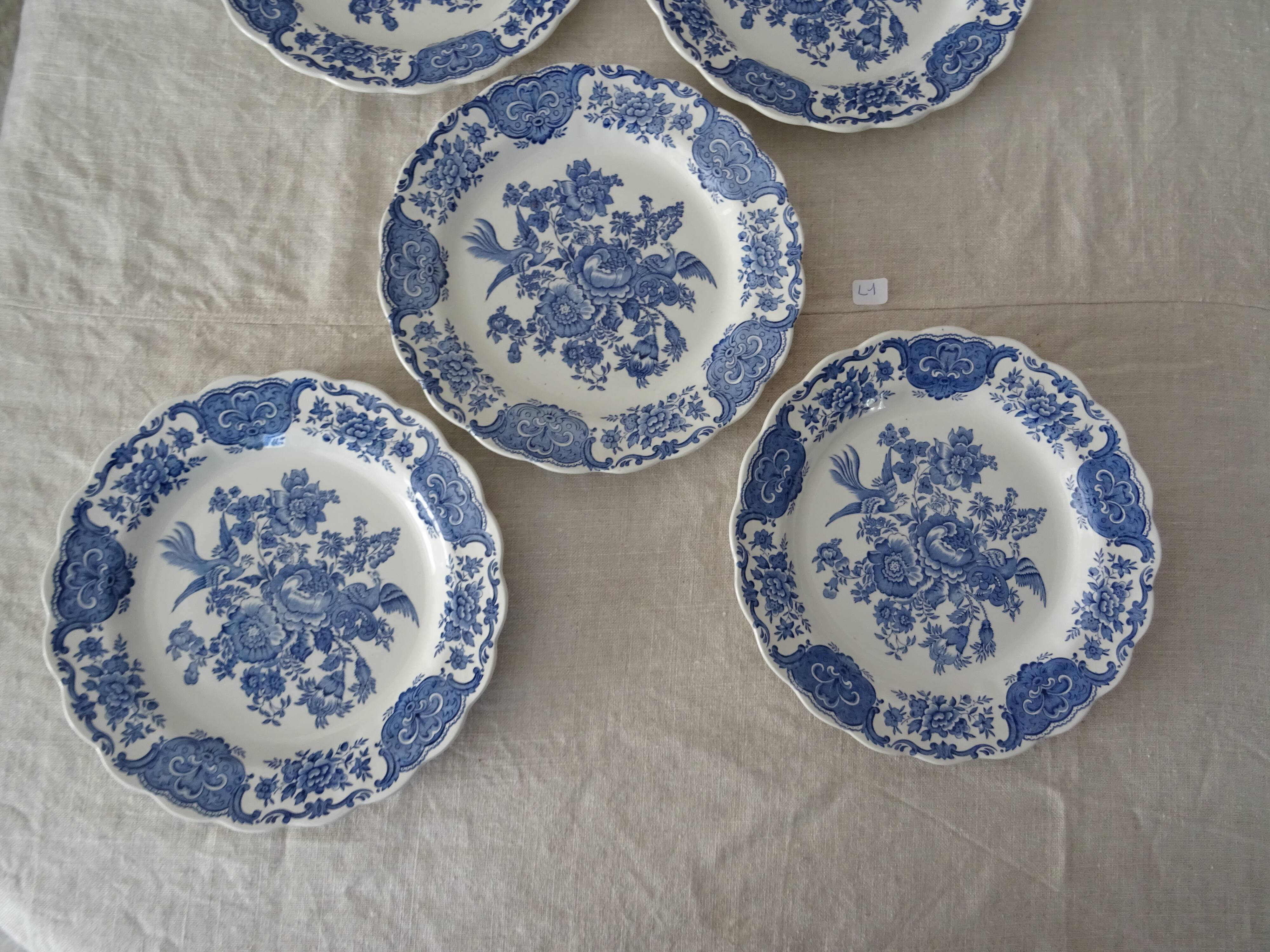 5 Flat plates Ridgway Staffordshire Windsor blue bird flower